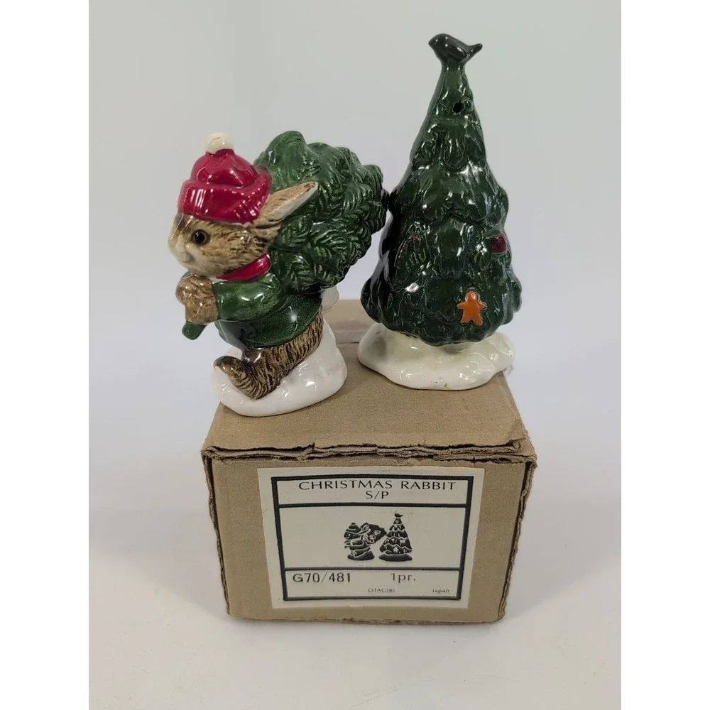 Gibson Greeting Christmas Tree & Bunny Mouse Salt & Pepper Shakers Otagiri Japan